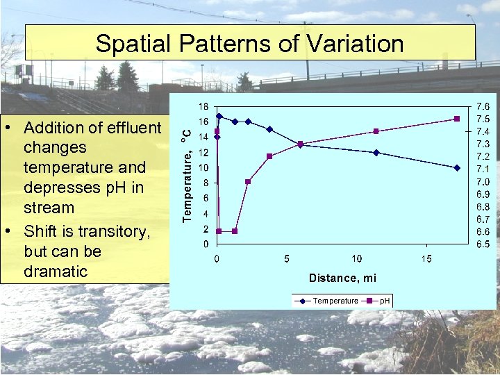 Spatial Patterns of Variation • Addition of effluent changes temperature and depresses p. H