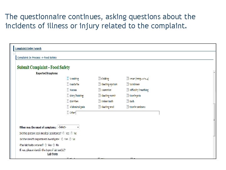 The questionnaire continues, asking questions about the incidents of illness or injury related to