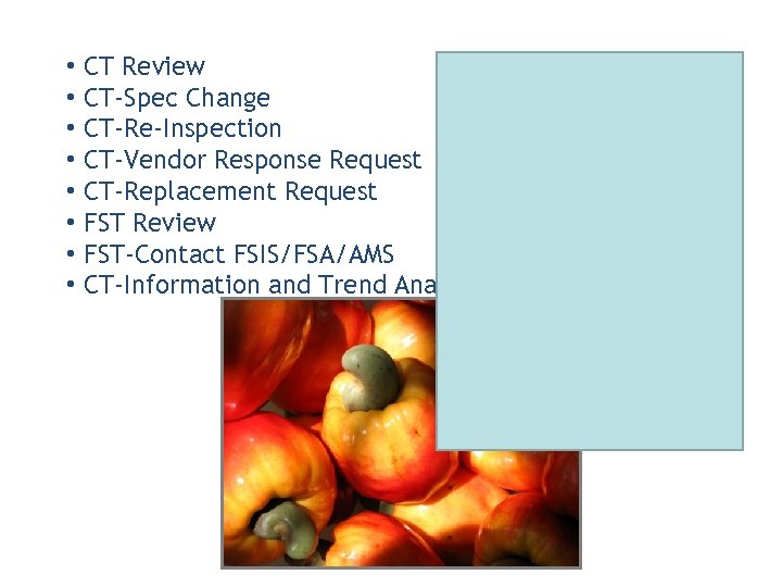  • CT Review • CT-Spec Change • CT-Re-Inspection • CT-Vendor Response Request •
