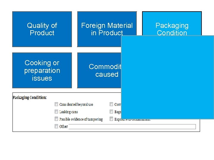 Quality of Product Cooking or preparation issues Foreign Material in Product Packaging Condition Commodity