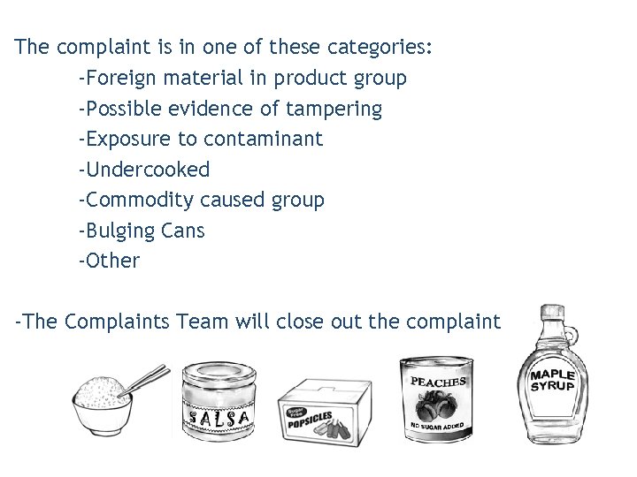 The complaint is in one of these categories: -Foreign material in product group -Possible