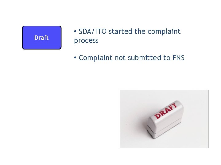 Draft • SDA/ITO started the complaint process • Complaint not submitted to FNS 