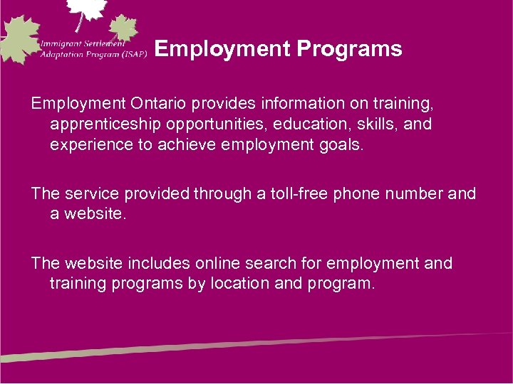 Employment Programs Employment Ontario provides information on training, apprenticeship opportunities, education, skills, and experience