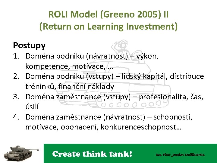ROLI Model (Greeno 2005) II (Return on Learning Investment) Postupy 1. Doména podniku (návratnost)