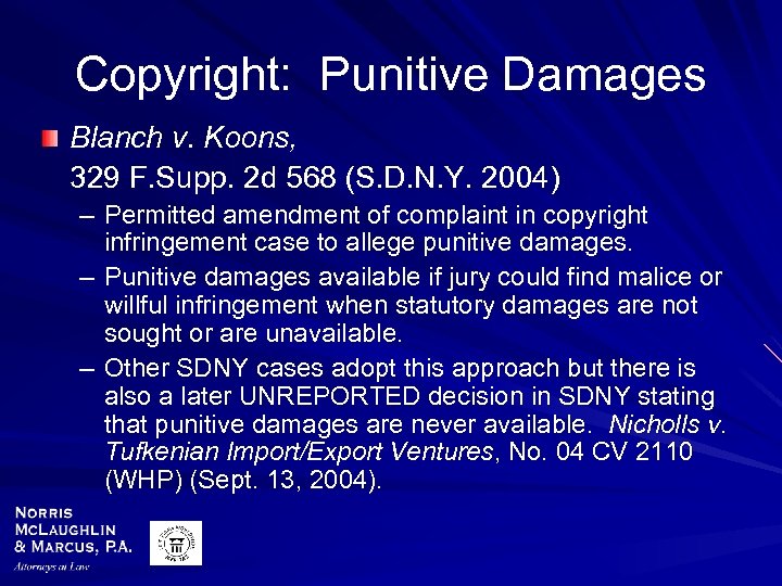 Copyright: Punitive Damages Blanch v. Koons, 329 F. Supp. 2 d 568 (S. D.