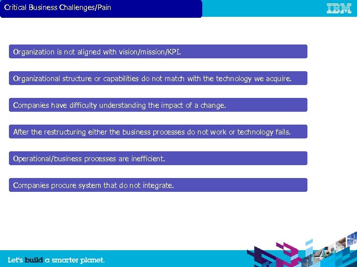 Critical Business Challenges/Pain Organization is not aligned with vision/mission/KPI. Organizational structure or capabilities do