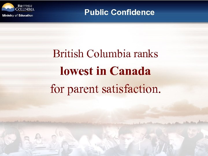 Public Confidence British Columbia ranks lowest in Canada for parent satisfaction. 