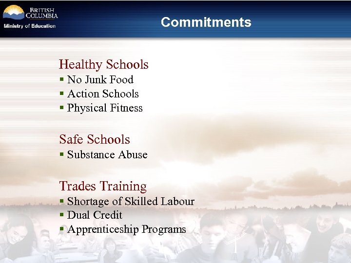 Commitments Healthy Schools § No Junk Food § Action Schools § Physical Fitness Safe