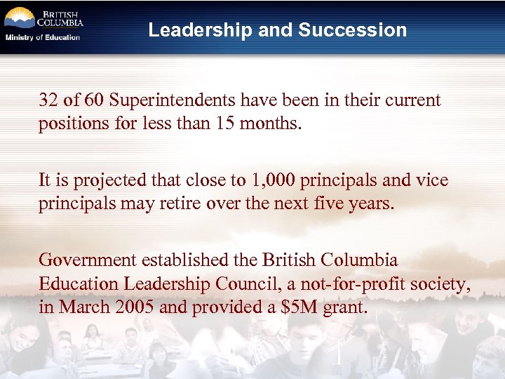 Leadership and Succession 32 of 60 Superintendents have been in their current positions for
