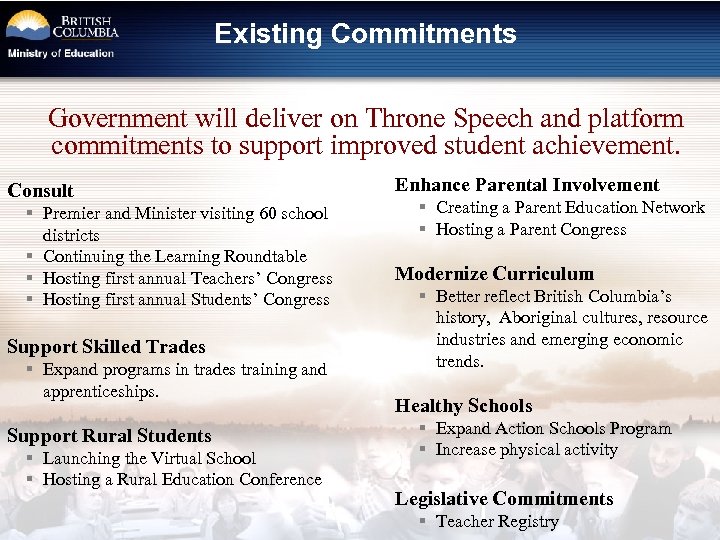 Existing Commitments Government will deliver on Throne Speech and platform commitments to support improved
