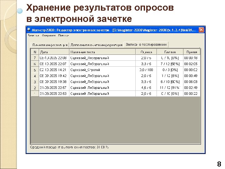 Хранение результатов опросов в электронной зачетке 8 