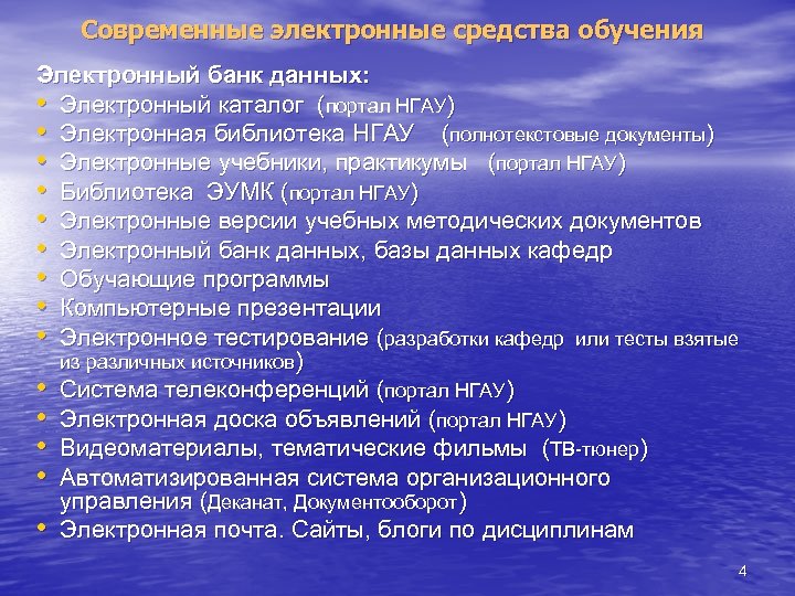 Современные электронные средства обучения Электронный банк данных: • Электронный каталог (портал НГАУ) • Электронная