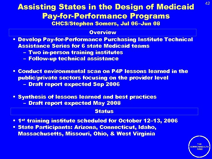 Assisting States in the Design of Medicaid Pay-for-Performance Programs 42 CHCS/Stephen Somers, Jul 06–Jun