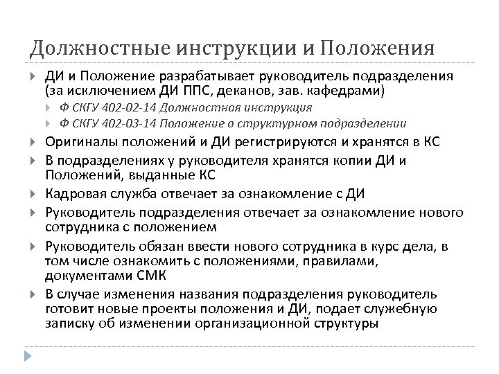 Должностные инструкции и Положения ДИ и Положение разрабатывает руководитель подразделения (за исключением ДИ ППС,