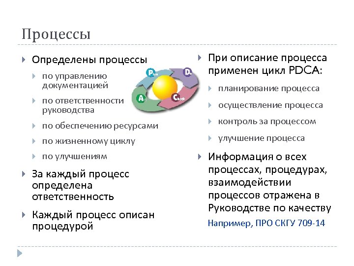 Процессы Определены процессы по управлению документацией При описание процесса применен цикл PDCA: планирование процесса