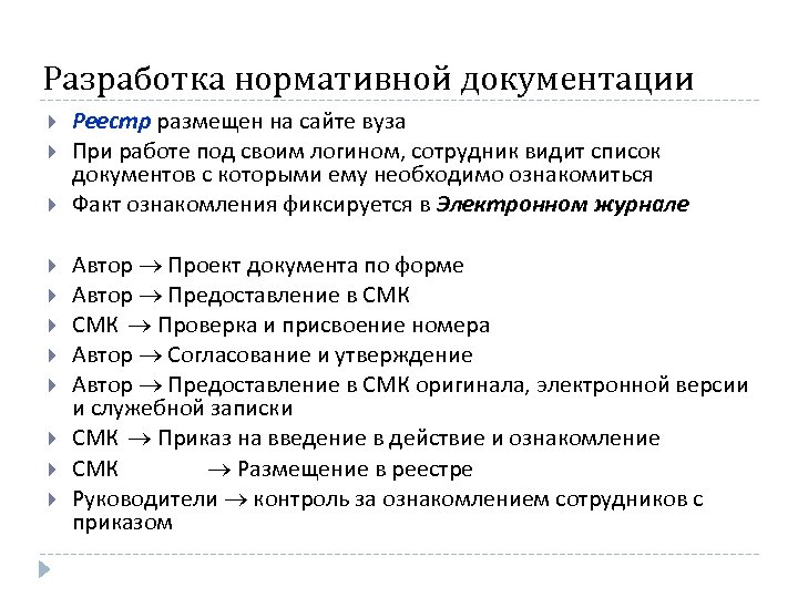 Разработка нормативной документации Реестр размещен на сайте вуза При работе под своим логином, сотрудник