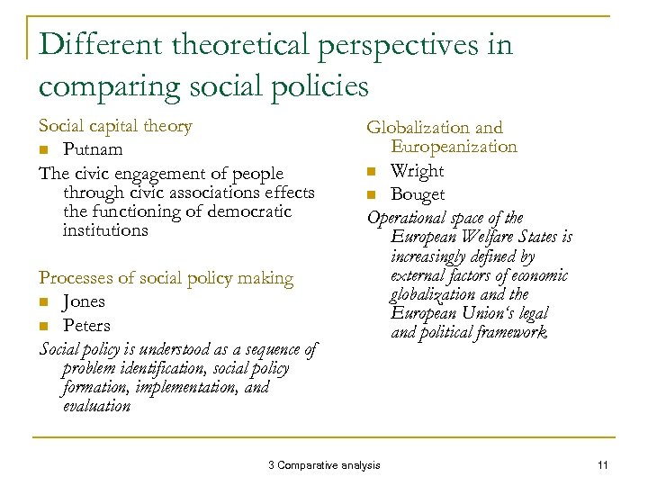 Different theoretical perspectives in comparing social policies Social capital theory n Putnam The civic