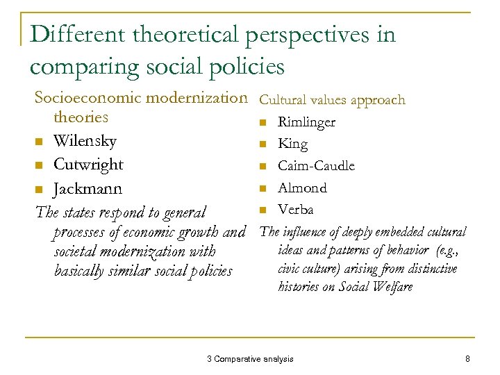 Different theoretical perspectives in comparing social policies Socioeconomic modernization Cultural values approach theories n
