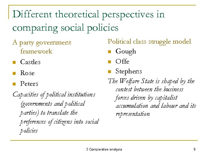 Different theoretical perspectives in comparing social policies A party government framework n Castles n