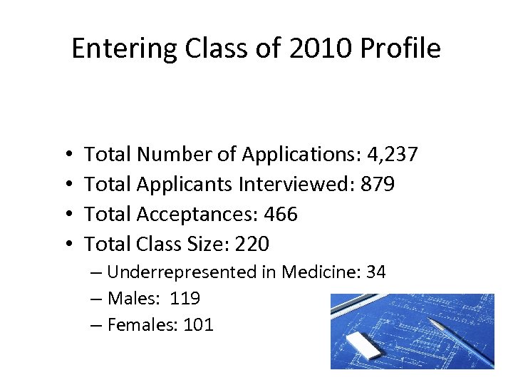 Entering Class of 2010 Profile • • Total Number of Applications: 4, 237 Total