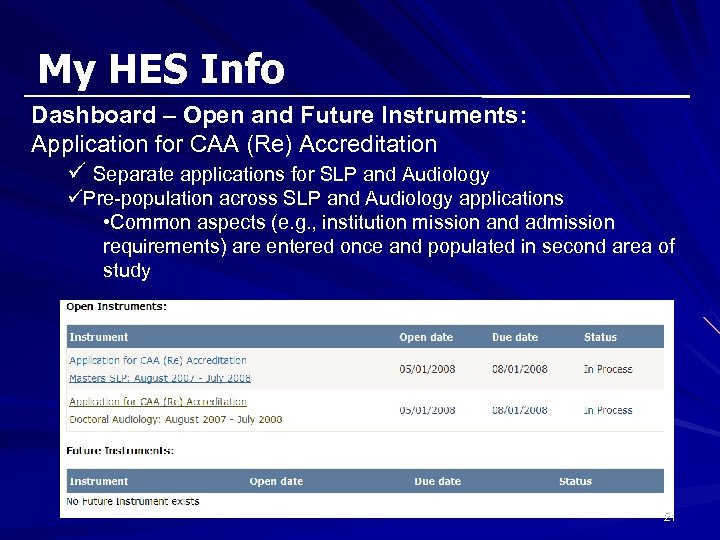My HES Info Dashboard – Open and Future Instruments: Application for CAA (Re) Accreditation