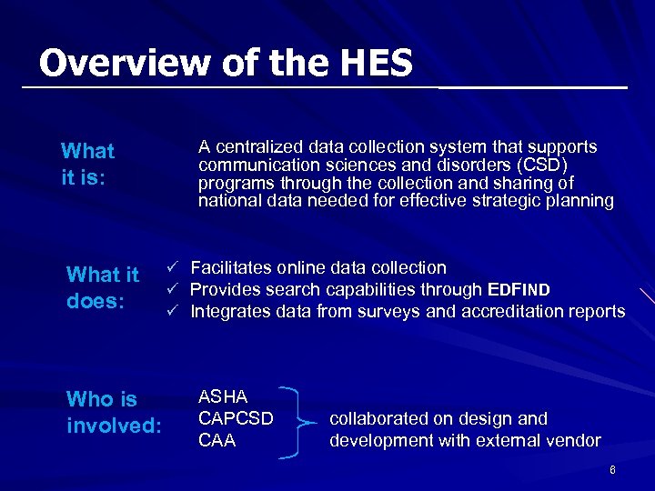 Overview of the HES What it is: What it does: Who is involved: A