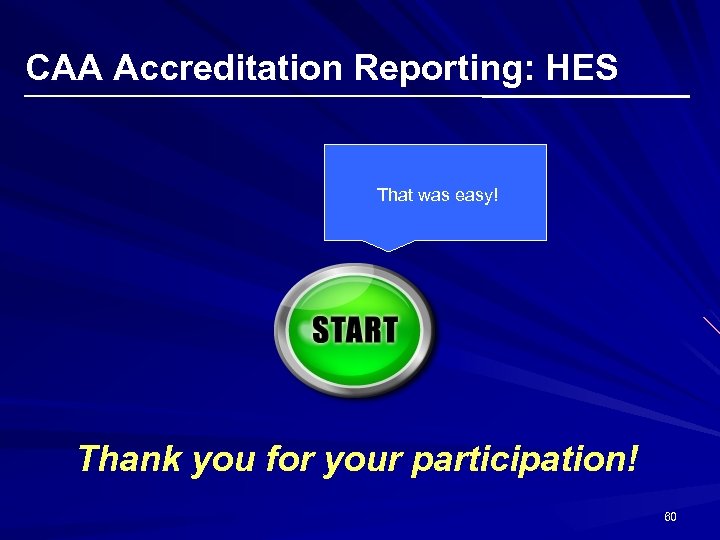 CAA Accreditation Reporting: HES That was easy! Thank you for your participation! 60 