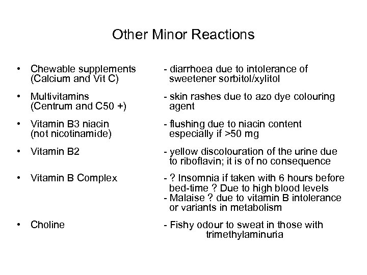 Other Minor Reactions • Chewable supplements (Calcium and Vit C) - diarrhoea due to