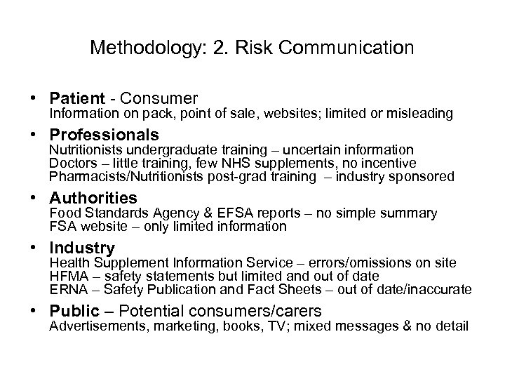 Methodology: 2. Risk Communication • Patient - Consumer Information on pack, point of sale,