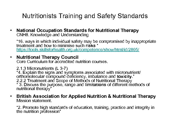 Nutritionists Training and Safety Standards • National Occupation Standards for Nutritional Therapy CNH 8.