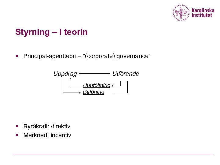 Styrning – i teorin § Principal-agentteori – ”(corporate) governance” Utförande Uppdrag Uppföljning Belöning §