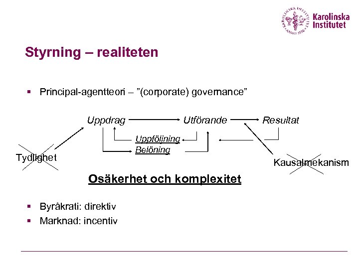 Styrning – realiteten § Principal-agentteori – ”(corporate) governance” Utförande Uppdrag Resultat Uppföljning Belöning Tydlighet