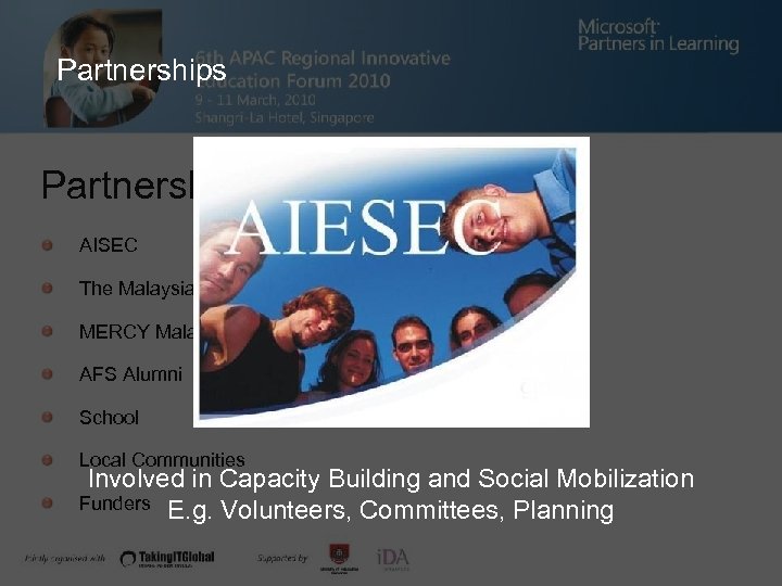 Partnerships AISEC The Malaysian AIDS Council MERCY Malaysia AFS Alumni School Local Communities Involved