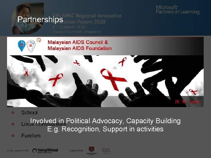 Partnerships Financial Management AISEC The Malaysian AIDS Council MERCY Malaysia AFS Alumni School Involved