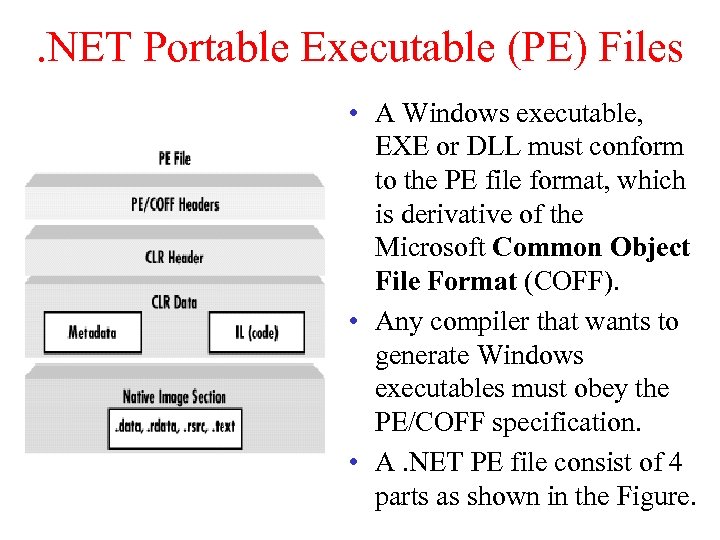 . NET Portable Executable (PE) Files • A Windows executable, EXE or DLL must