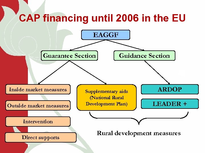 CAP financing until 2006 in the EU EAGGF Guarantee Section Inside market measures Outside