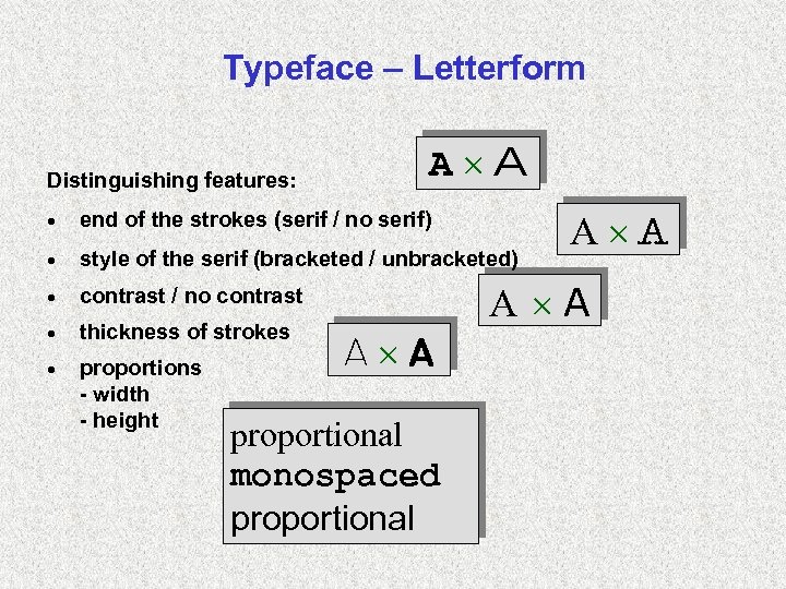 Typeface – Letterform Distinguishing features: A A · end of the strokes (serif /