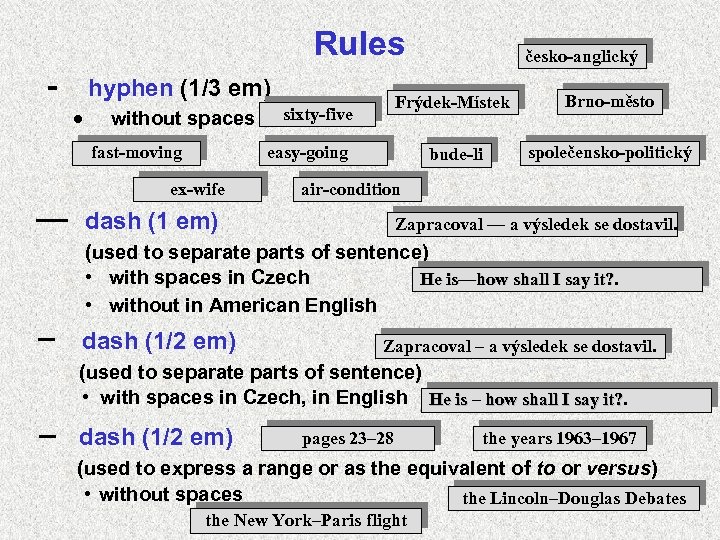Rules - hyphen (1/3 em) · without spaces fast-moving — Frýdek-Místek bude-li sixty-five Brno-město