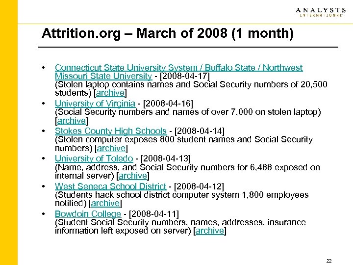 Attrition. org – March of 2008 (1 month) • • • Connecticut State University