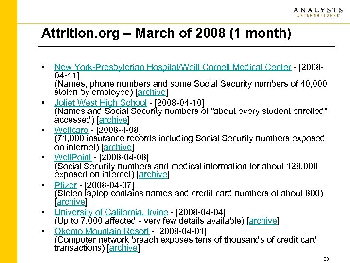 Attrition. org – March of 2008 (1 month) • • New York-Presbyterian Hospital/Weill Cornell