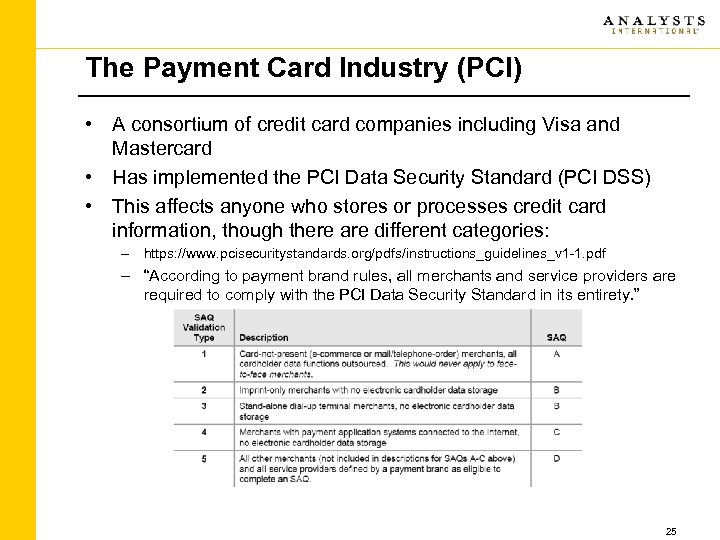 The Payment Card Industry (PCI) • A consortium of credit card companies including Visa