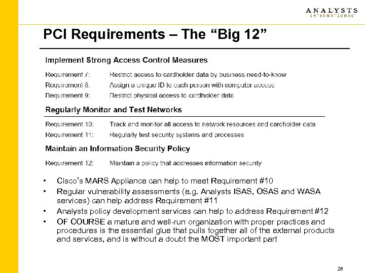 PCI Requirements – The “Big 12” • • Cisco’s MARS Appliance can help to