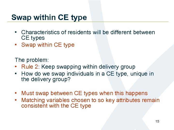 Swap within CE type • Characteristics of residents will be different between CE types