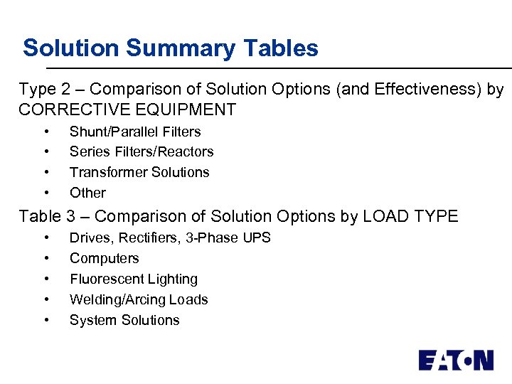 Solution Summary Tables Type 2 – Comparison of Solution Options (and Effectiveness) by CORRECTIVE