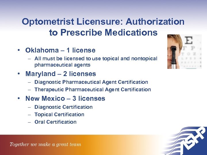 Optometrist Licensure: Authorization to Prescribe Medications • Oklahoma – 1 license – All must