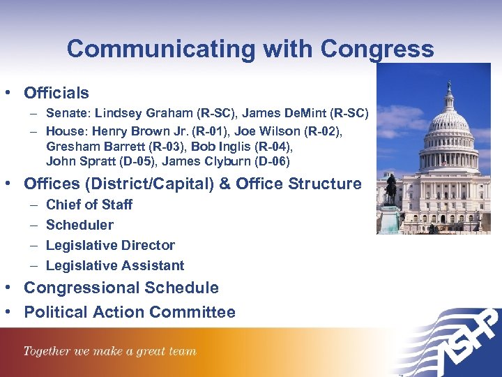 Communicating with Congress • Officials – Senate: Lindsey Graham (R-SC), James De. Mint (R-SC)
