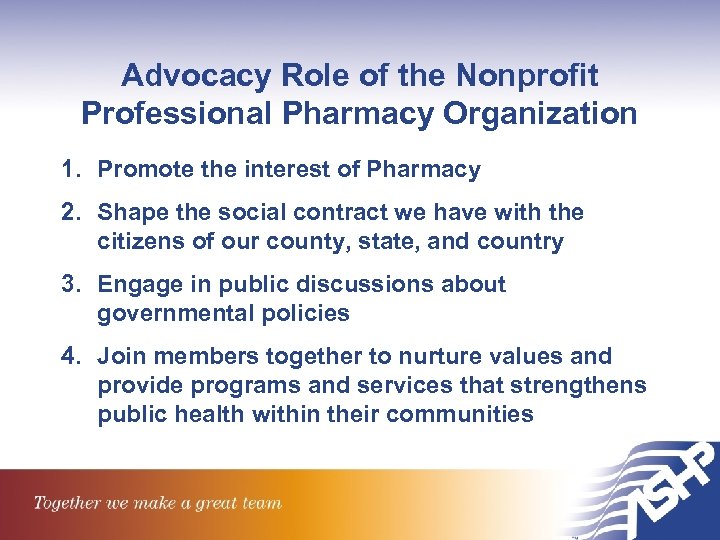 Advocacy Role of the Nonprofit Professional Pharmacy Organization 1. Promote the interest of Pharmacy