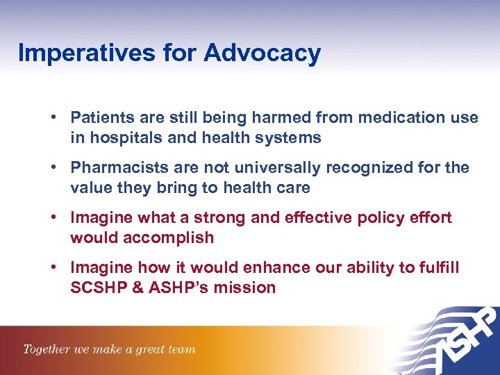 Imperatives for Advocacy • Patients are still being harmed from medication use in hospitals