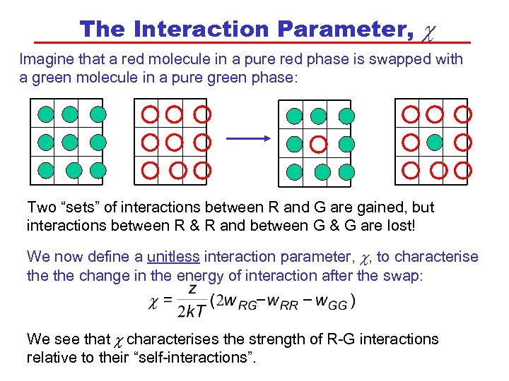 The Interaction Parameter, c Imagine that a red molecule in a pure red phase