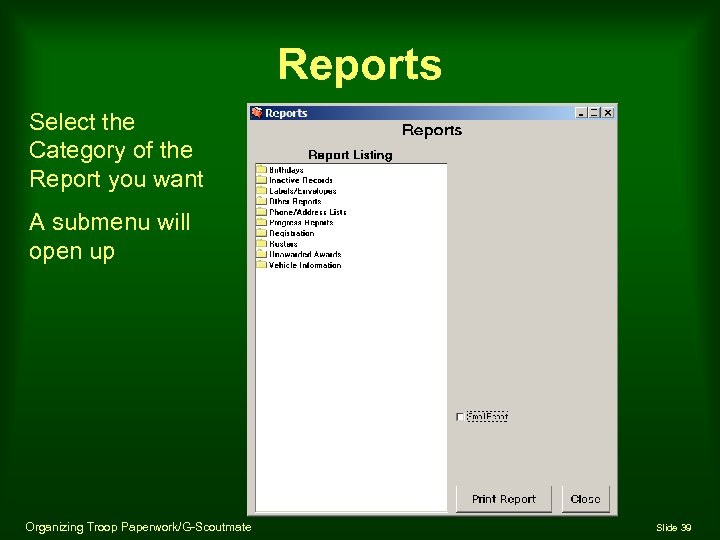 Reports Select the Category of the Report you want A submenu will open up